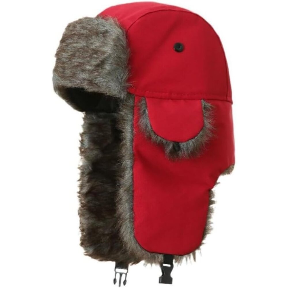Unisex Red Polyester Snow Skiing Trooper Winter Ear Flaps Classic Trapper Hat